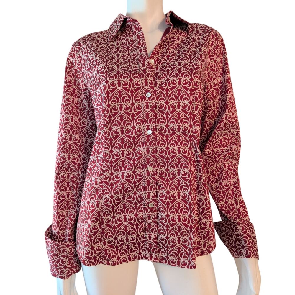 Talbots Red White Filagree Button Shirt Long Sleeve French Cuff Women's Size 14